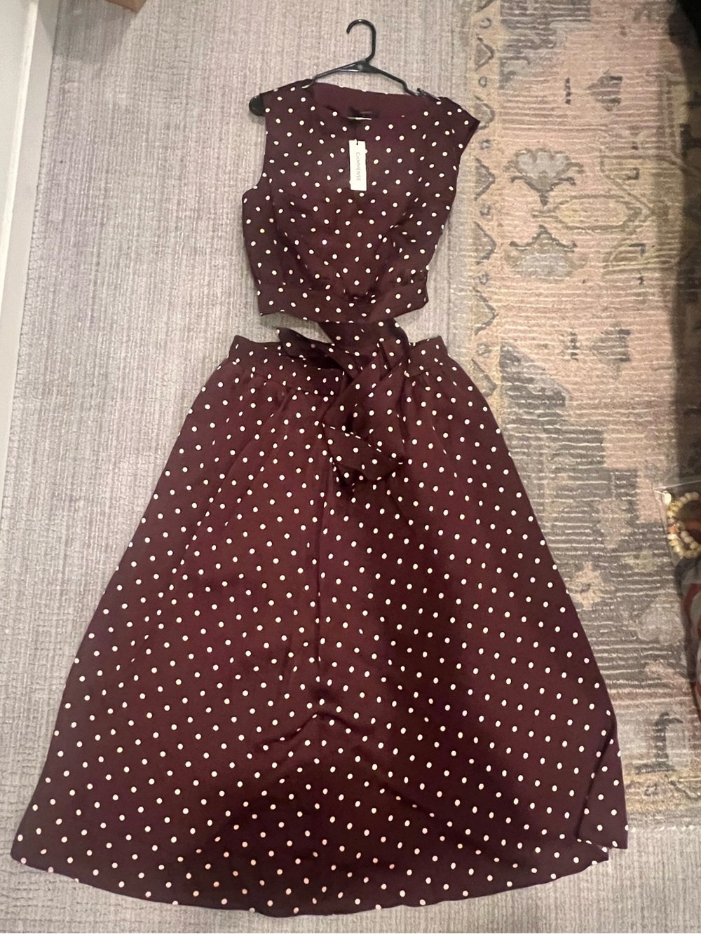 Commense Brown Polka Dot Tie-Waist Midi Dress